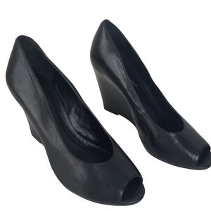 BCBGeneration Black Leather Chunky Wedge Peeptoe Sandals Size 9.5